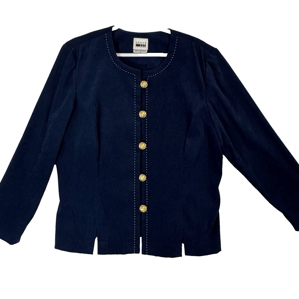 Leslie Fay Dresses Size 16 Women Button Down Blazer Navy and Gold